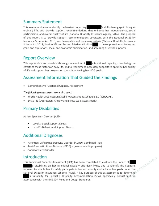 Executive Summary page of the de-identified sample Functional Capacity Assessment report
