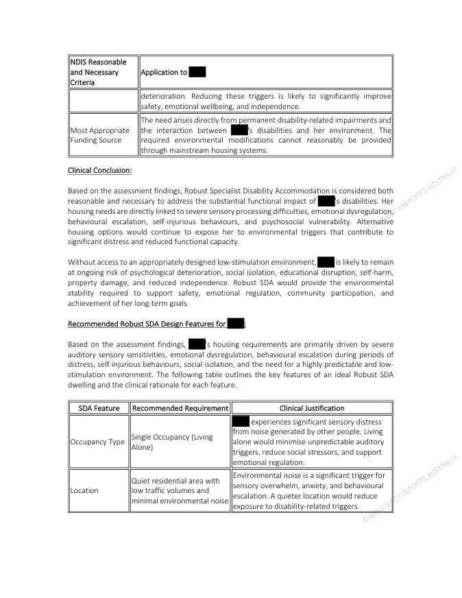 Reasonable & Necessary Justification — preview page from the de-identified sample Functional Capacity Assessment report